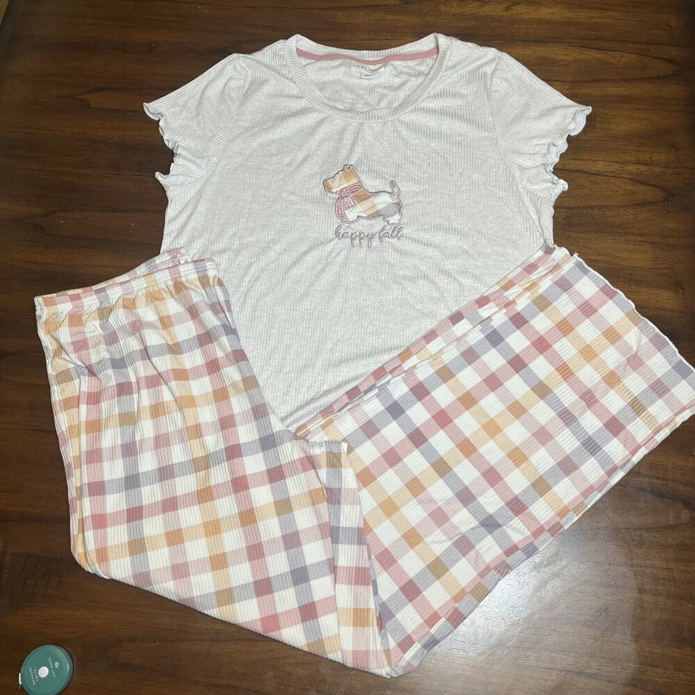 Laura Ashley Size XL Short Sleeve & Long Pants Pajama Set Scotty Dog Fall Plaid
